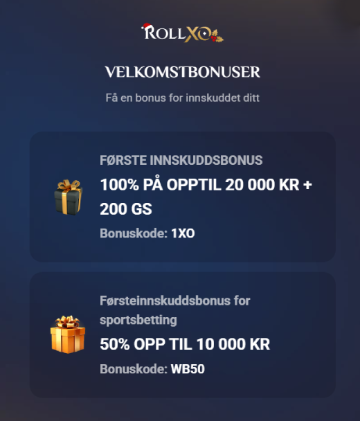 Banner med bonuser for registrering hos RollXo Casino